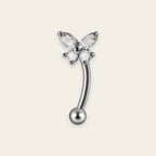 Silver titanium rook curved barbell, papillon marquise cubic-zirconia top — 16G, nickel-free, Aurea