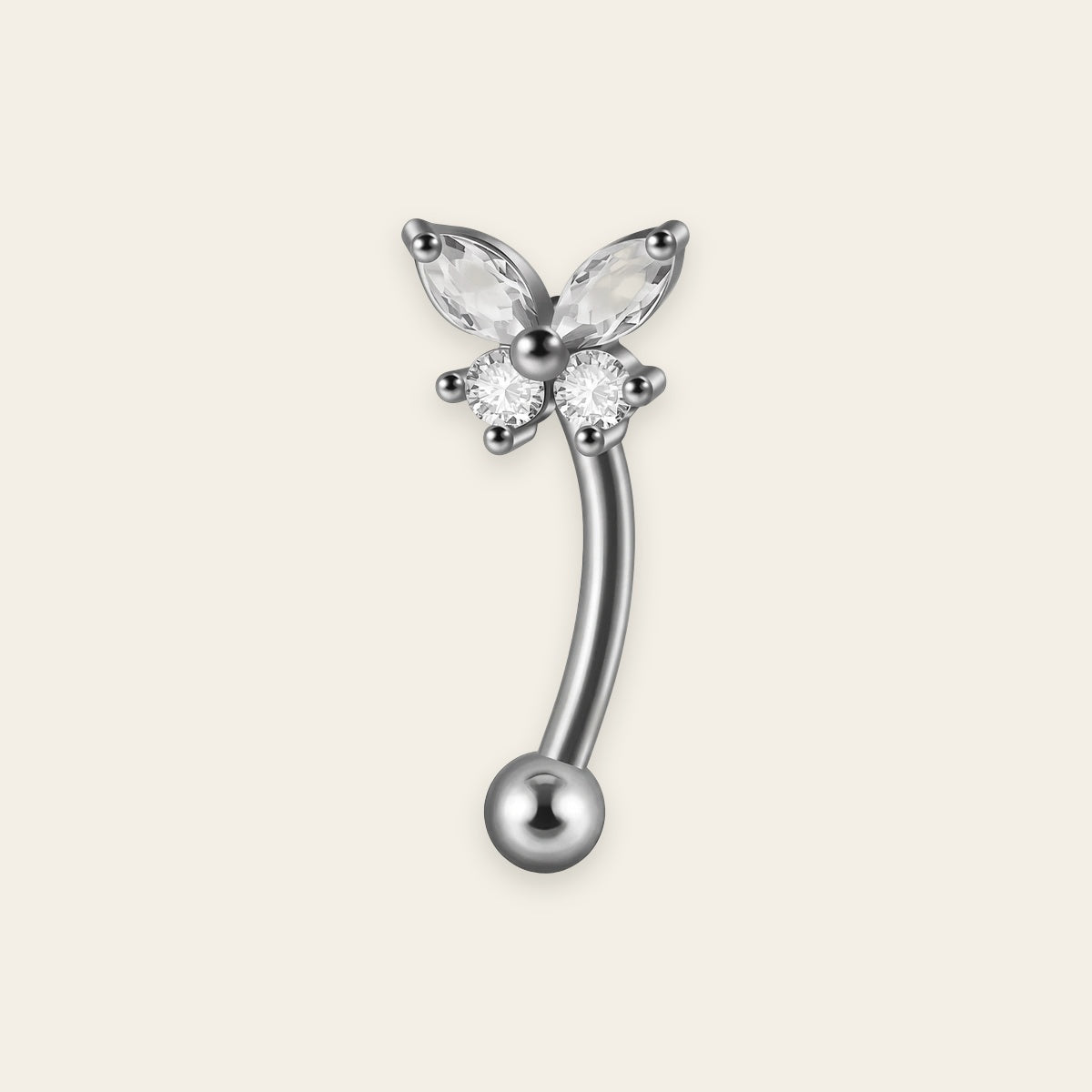 Silver titanium rook curved barbell, papillon marquise cubic-zirconia top — 16G, nickel-free, Aurea