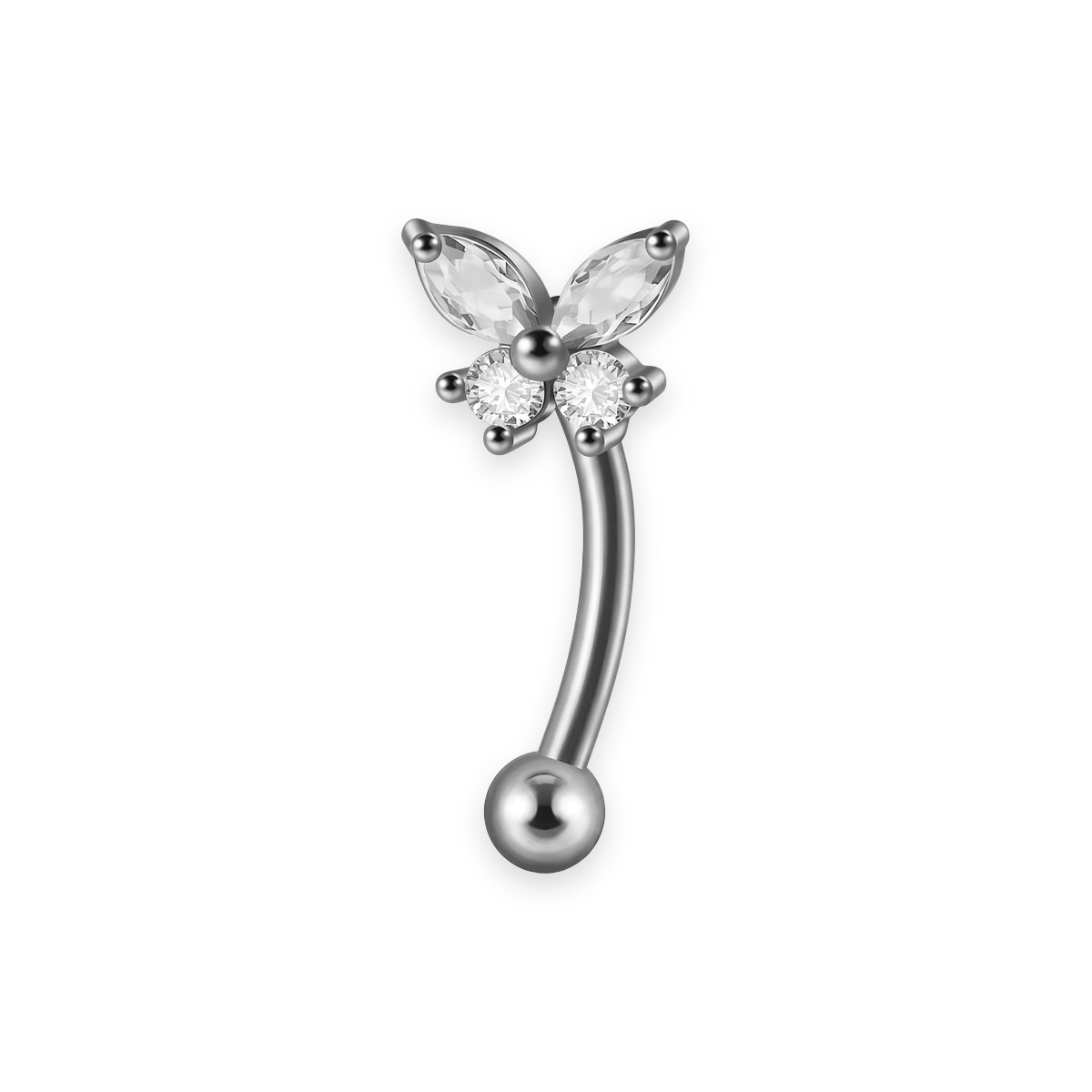 Silver titanium rook curved barbell, papillon marquise cubic-zirconia top — 16G, nickel-free, Aurea