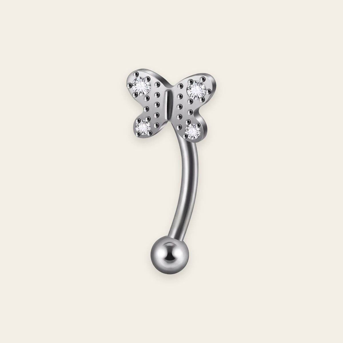 Silver titanium rook curved barbell, papillon pave cubic-zirconia top — 16G, nickel-free, Aurea