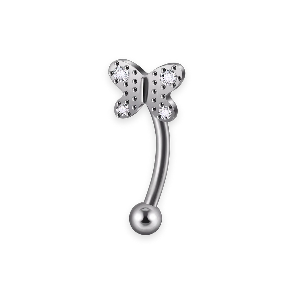 Silver titanium rook curved barbell, papillon pave cubic-zirconia top — 16G, nickel-free, Aurea
