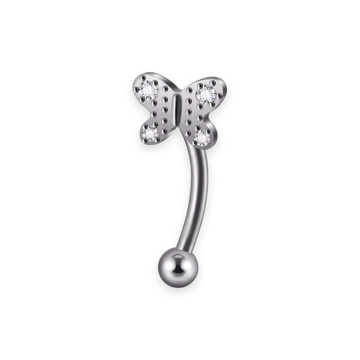 Silver titanium rook curved barbell, papillon pave cubic-zirconia top — 16G, nickel-free, Aurea