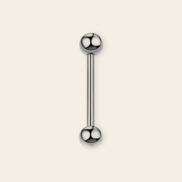 Silver titanium tongue barbell, 14G straight bar with screw-on balls — nickel-free, Aurea