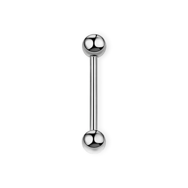 Silver titanium tongue barbell, 14G straight bar with screw-on balls — nickel-free, Aurea