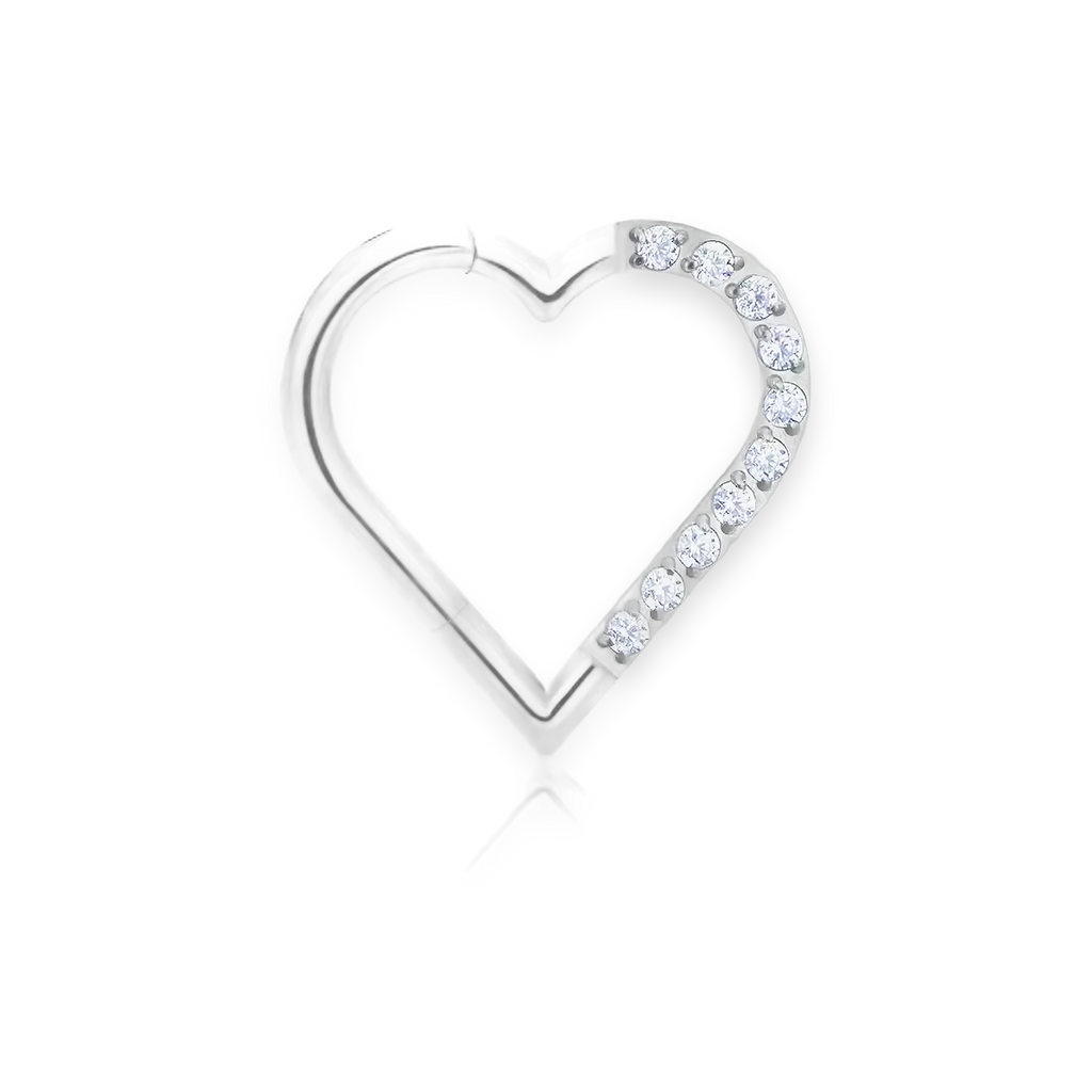 Silver titanium daith heart clicker, cubic-zirconia pavé — right version, hinged 16G, nickel-free, Aurea