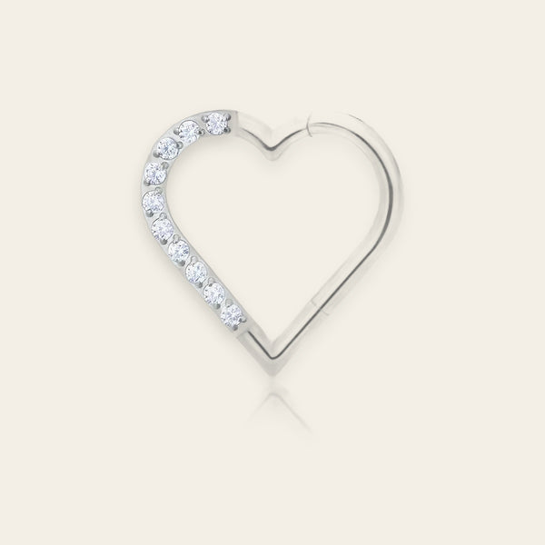 Silver titanium daith heart clicker, cubic-zirconia pavé — left version, hinged 16G, nickel-free, Aurea