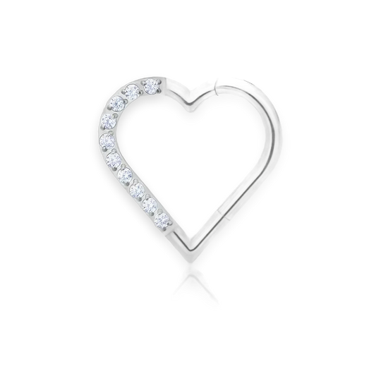 Silver titanium daith heart clicker, cubic-zirconia pavé — left version, hinged 16G, nickel-free, Aurea