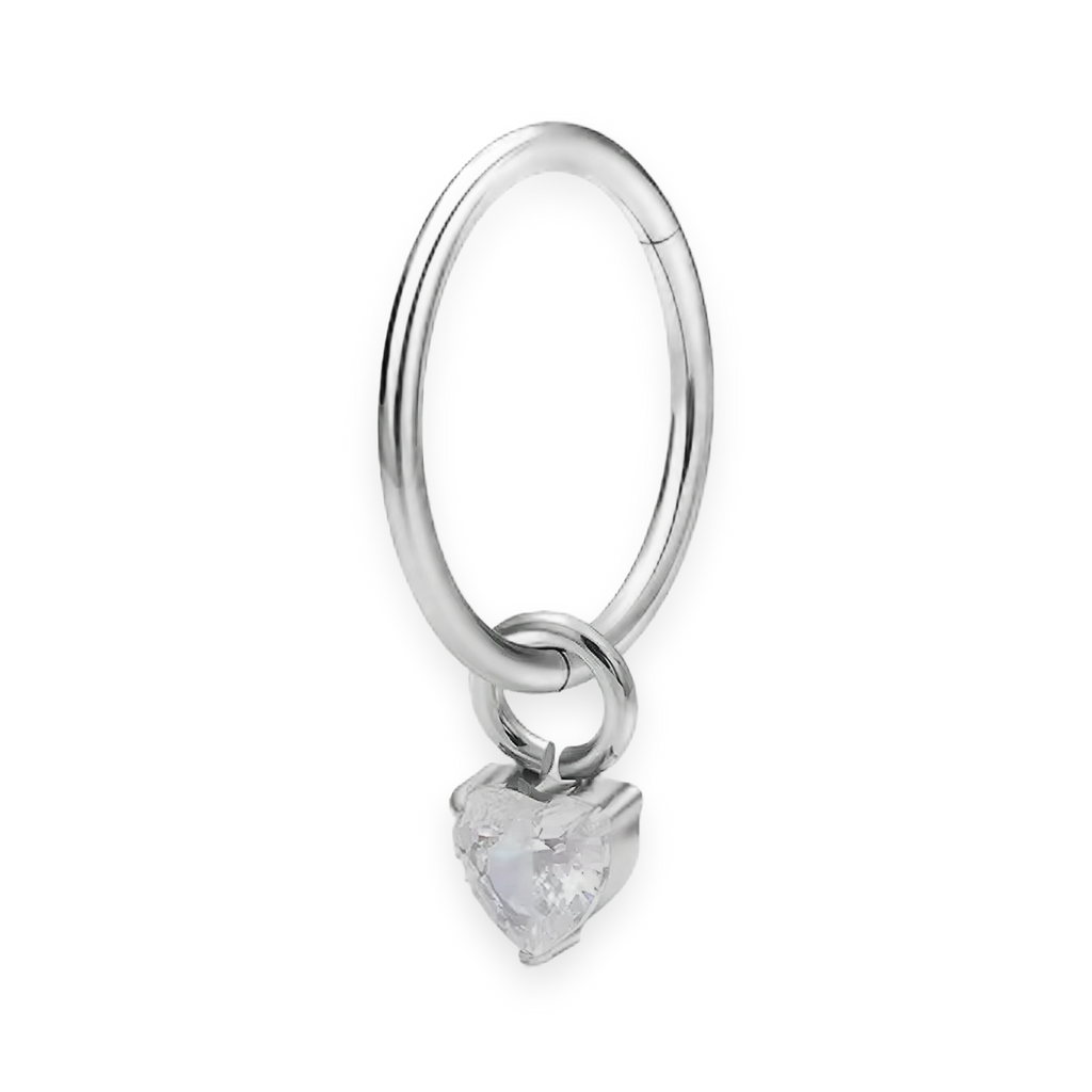 Silver titanium cartilage hoop with heart cubic-zirconia charm — plain hinged clicker ring, nickel-free, Aurea