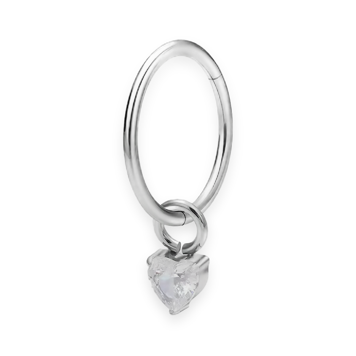 Silver titanium cartilage hoop with heart cubic-zirconia charm — plain hinged clicker ring, nickel-free, Aurea