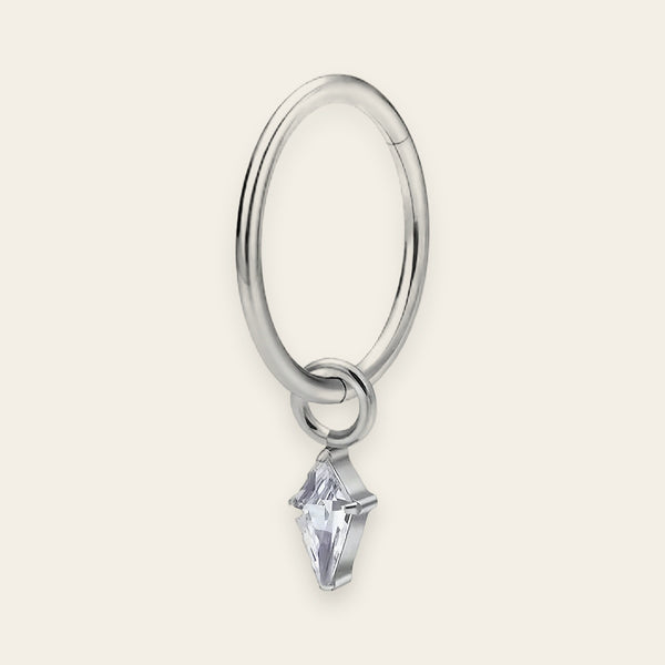 Silver titanium cartilage hoop with kite cubic-zirconia charm — plain hinged clicker ring, nickel-free, Aurea