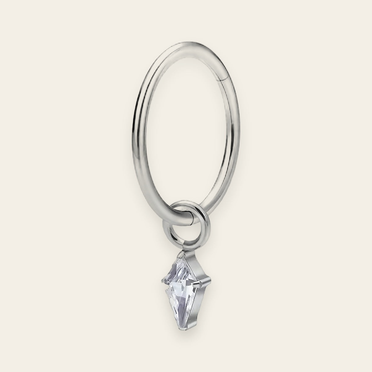 Silver titanium cartilage hoop with kite cubic-zirconia charm — plain hinged clicker ring, nickel-free, Aurea
