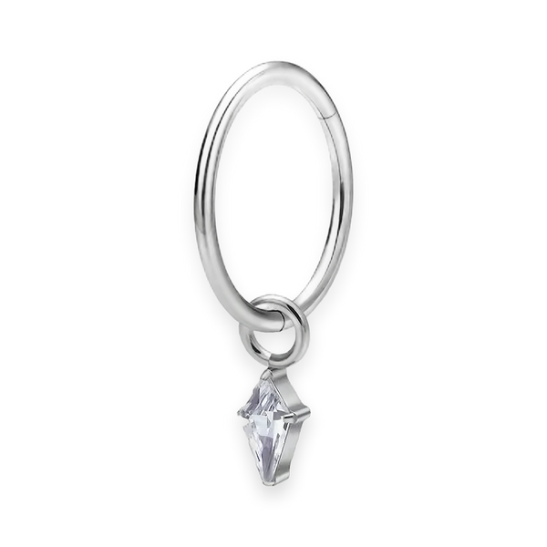 Silver titanium cartilage hoop with kite cubic-zirconia charm — plain hinged clicker ring, nickel-free, Aurea