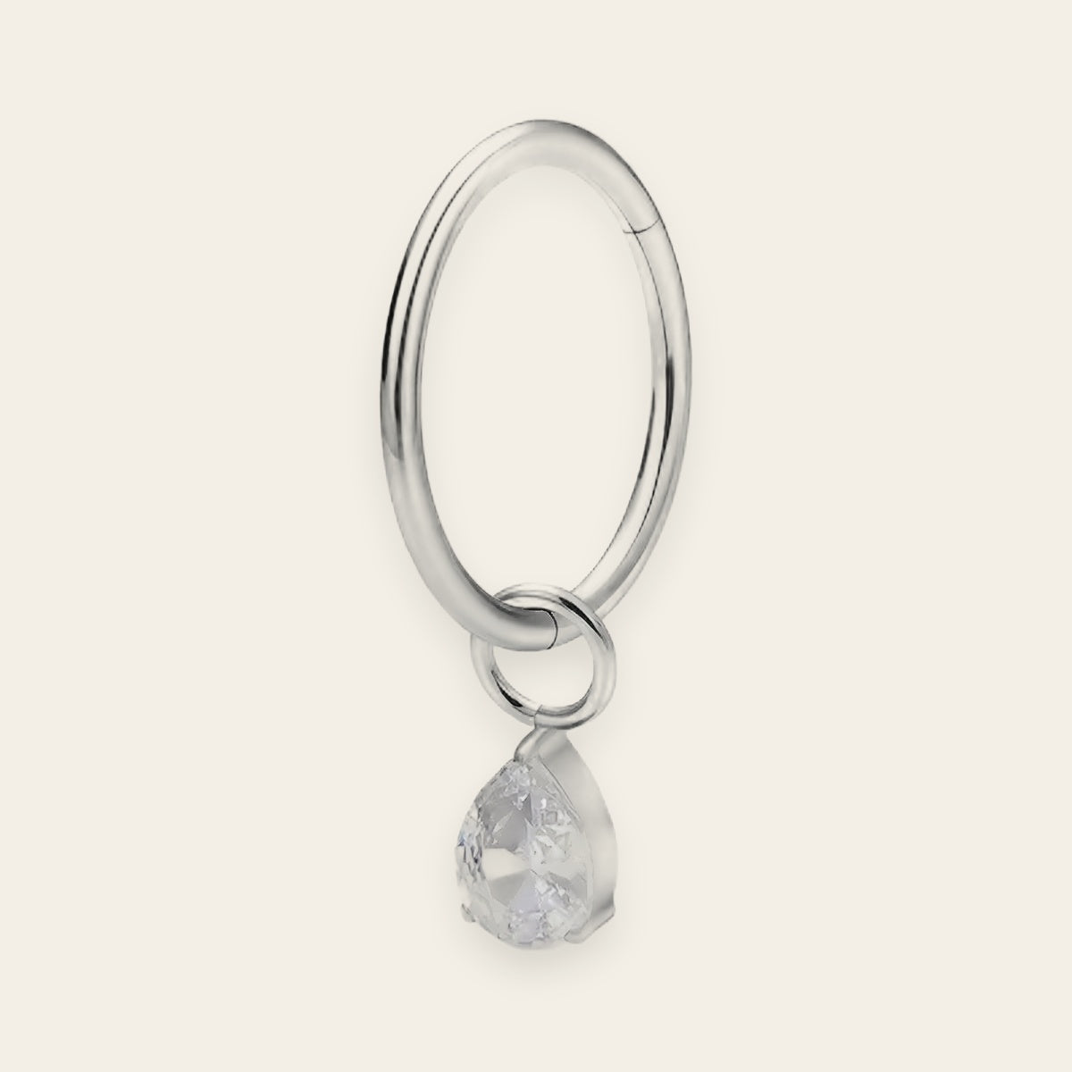 Silver titanium cartilage hoop with pear cubic-zirconia charm — plain hinged clicker ring, nickel-free, Aurea