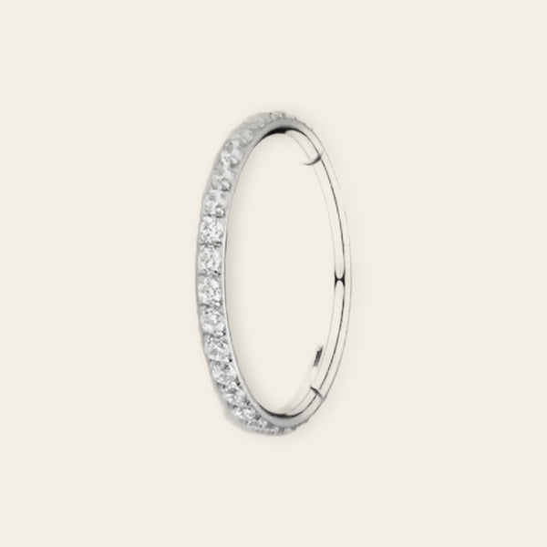 Silver titanium pavé seamless ring, cubic-zirconia hinged hoop — 16G/18G, nickel-free, Aurea
