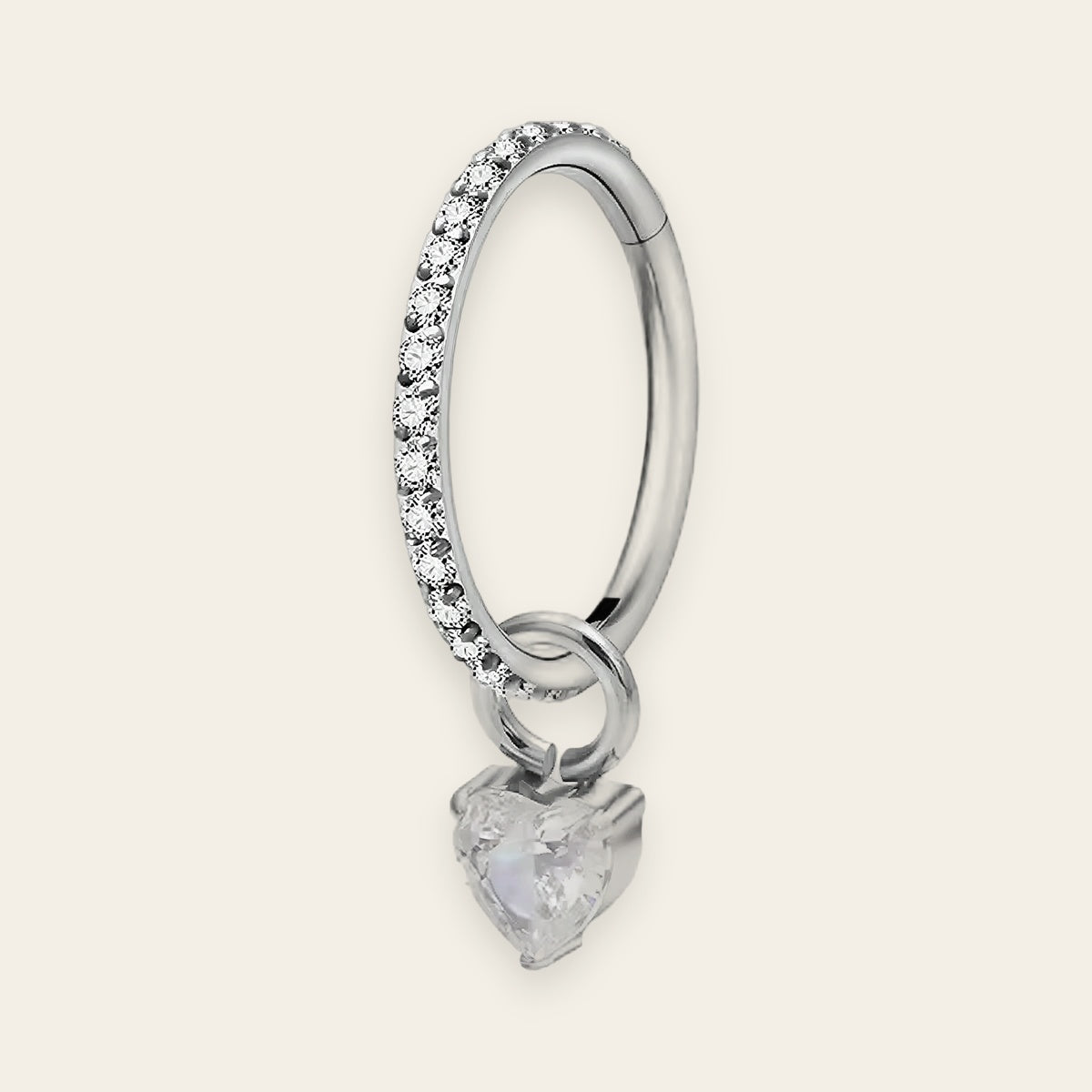 Silver titanium cartilage hoop with heart cubic-zirconia charm — crystal-pavé hinged clicker ring, nickel-free, Aurea