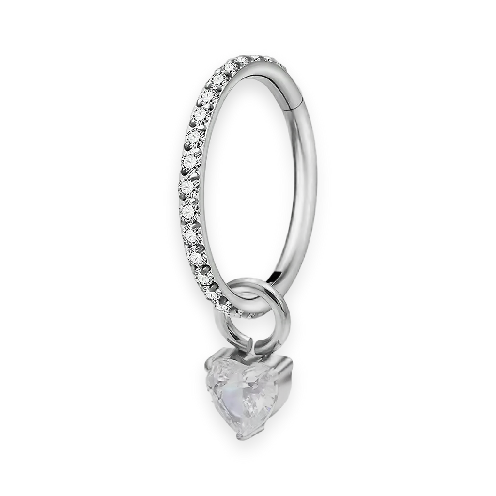 Silver titanium cartilage hoop with heart cubic-zirconia charm — crystal-pavé hinged clicker ring, nickel-free, Aurea