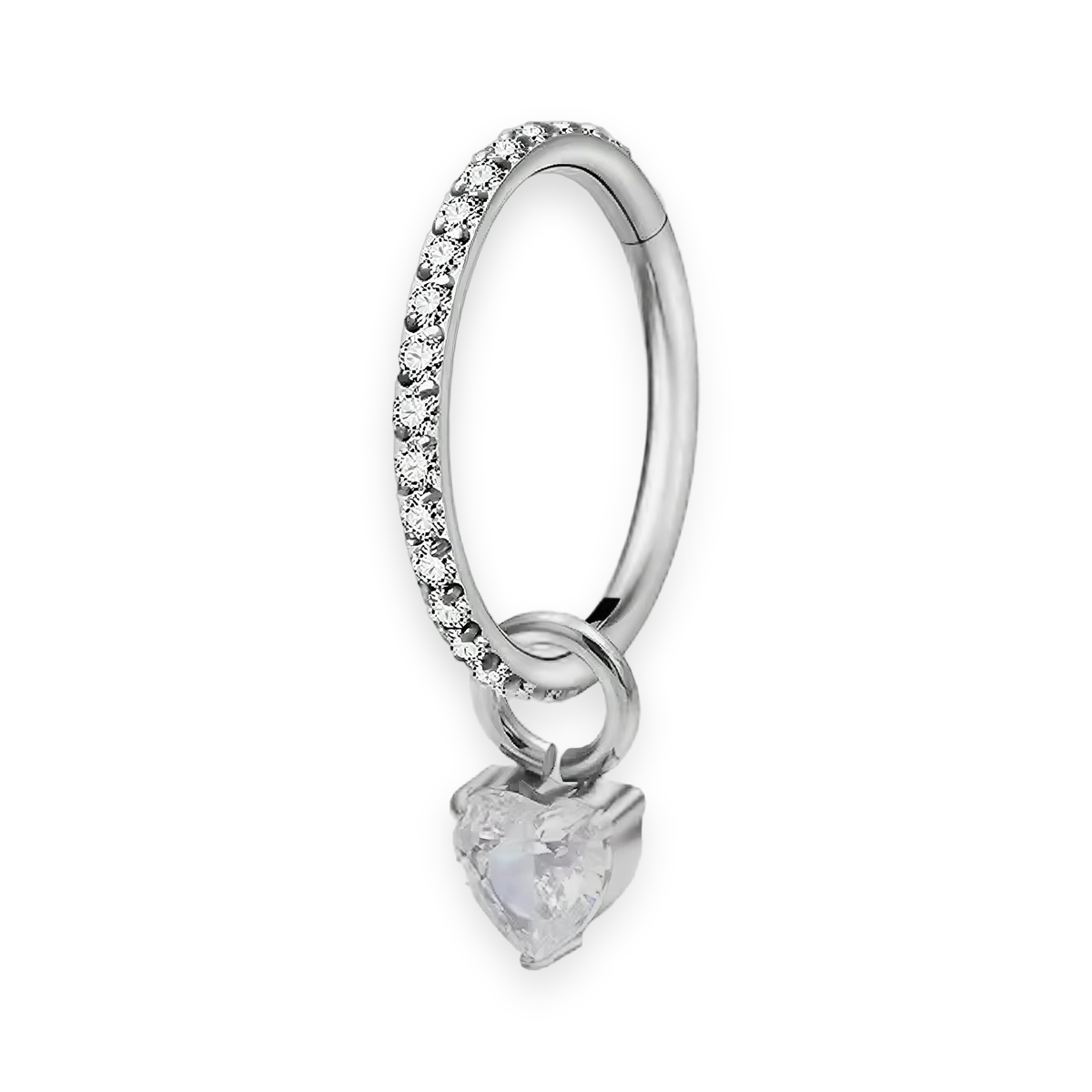 Silver titanium cartilage hoop with heart cubic-zirconia charm — crystal-pavé hinged clicker ring, nickel-free, Aurea
