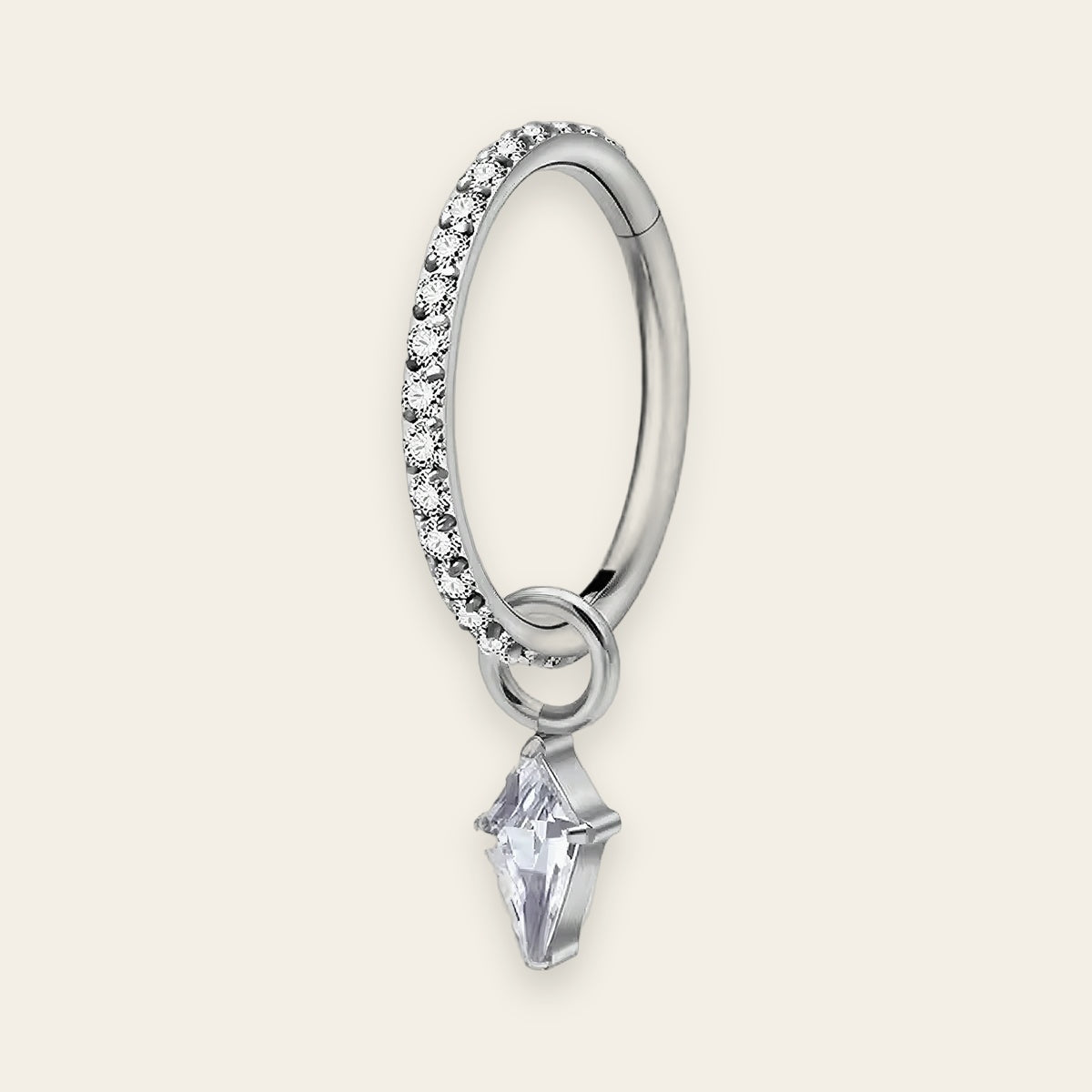 Silver titanium cartilage hoop with kite cubic-zirconia charm — crystal-pavé hinged clicker ring, nickel-free, Aurea