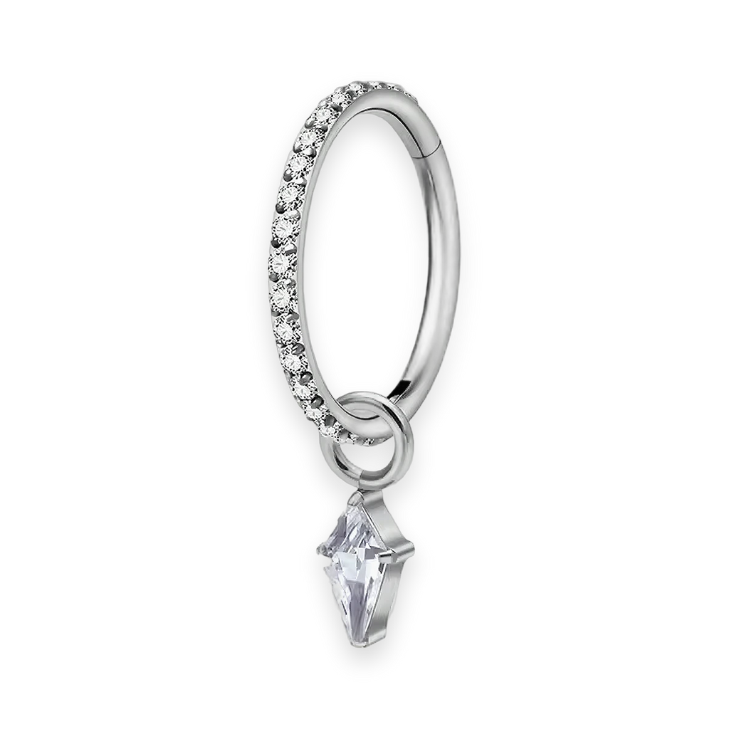 Silver titanium cartilage hoop with kite cubic-zirconia charm — crystal-pavé hinged clicker ring, nickel-free, Aurea