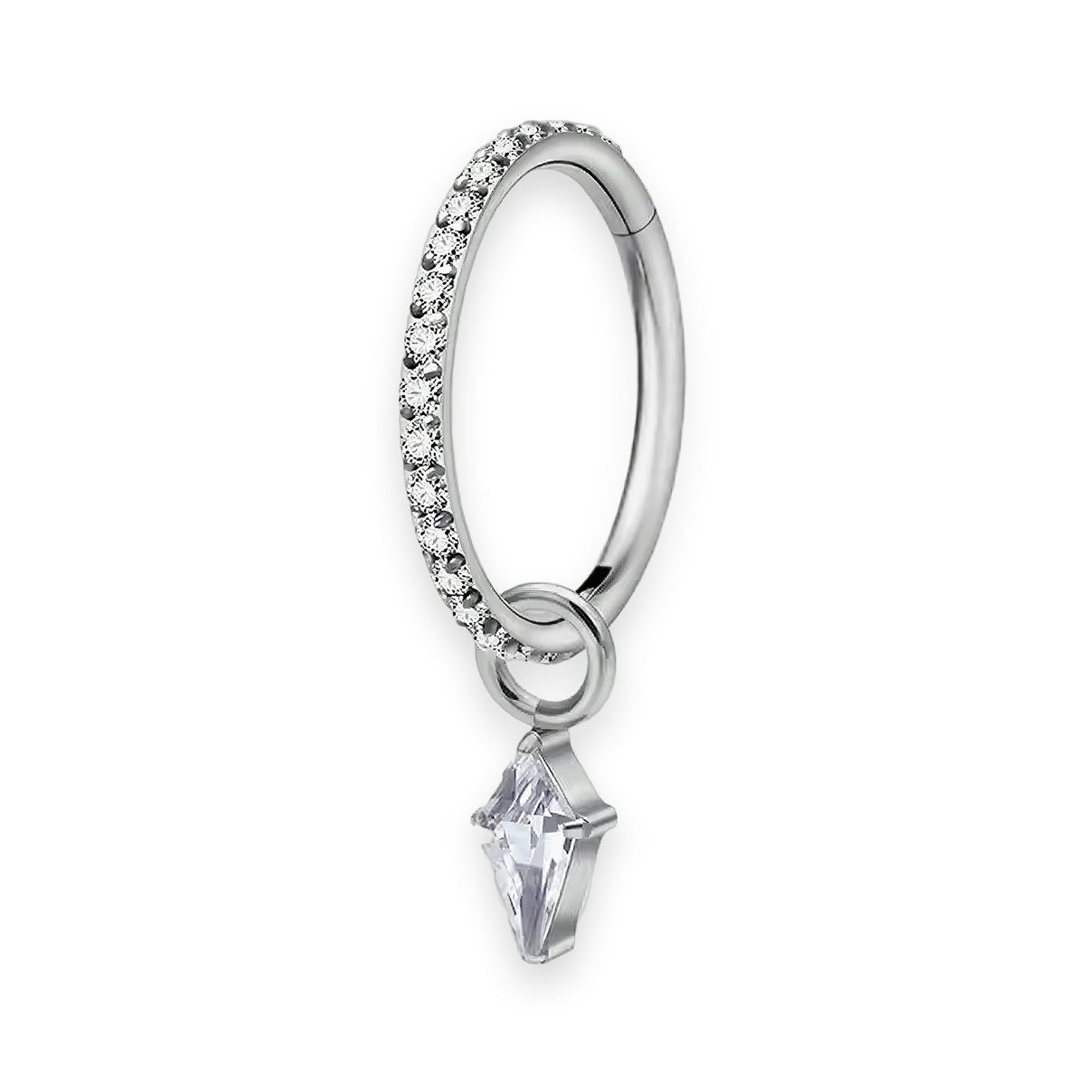 Silver titanium cartilage hoop with kite cubic-zirconia charm — crystal-pavé hinged clicker ring, nickel-free, Aurea