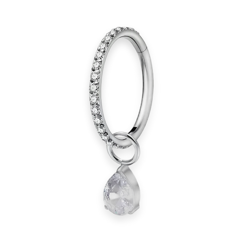 Silver titanium cartilage hoop with pear cubic-zirconia charm — crystal-pavé hinged clicker ring, nickel-free, Aurea