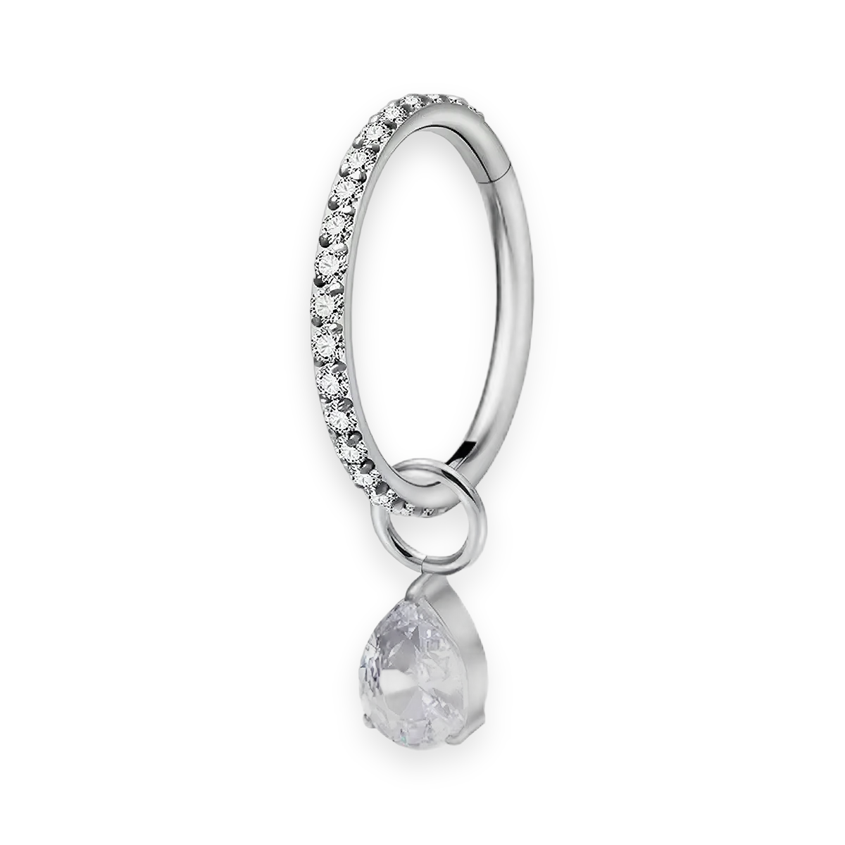 Silver titanium cartilage hoop with pear cubic-zirconia charm — crystal-pavé hinged clicker ring, nickel-free, Aurea