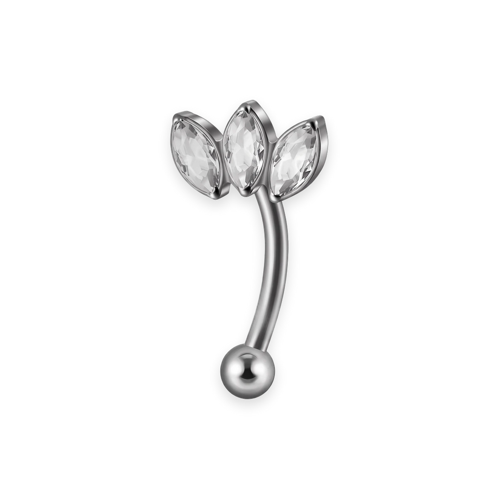 Silver titanium rook curved barbell, trio marquise cubic-zirconia top — 16G, nickel-free, Aurea